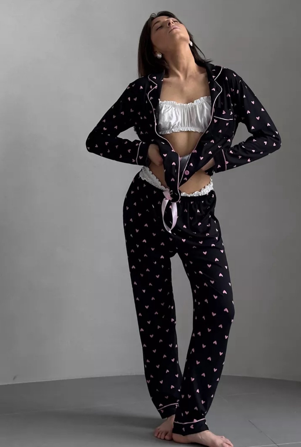 пижама со штанами и рубашкой с сердечками shenborn,пижама со штанами и рубашкой с сердечками,пижама со штанами и рубашкой с сердечками shenborn 230152898,черная молодежная пижама,женская пижама рубашк