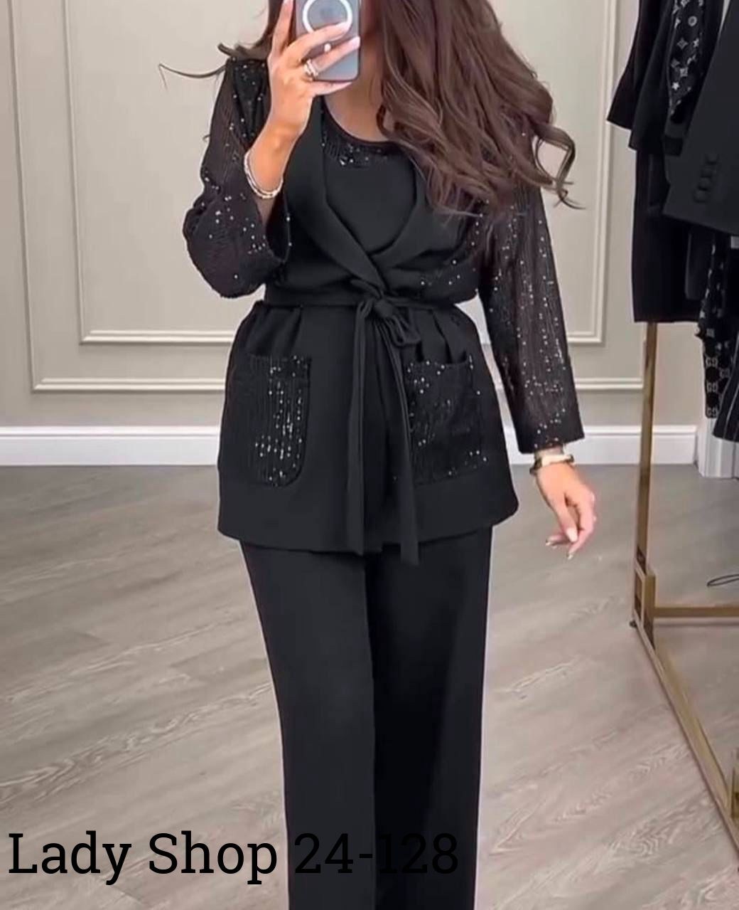 женский костюм тройка ткань креп и пайетки,женский костюм тройка,брючный костюм,костюм тройка,костюм женский