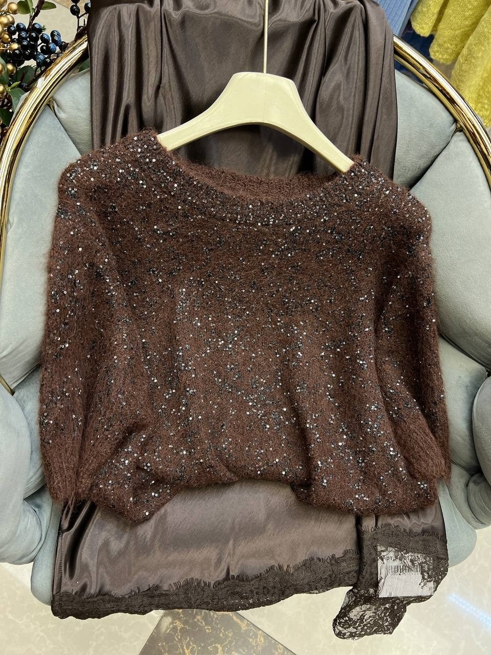 свитер "просто космос" женский, вязаный, с пайетками lustrosa,джемпер с пайетками,кофта с пайетками,свитер с пайетками,женский трикотажный свитер с коротким рукавом и блестками