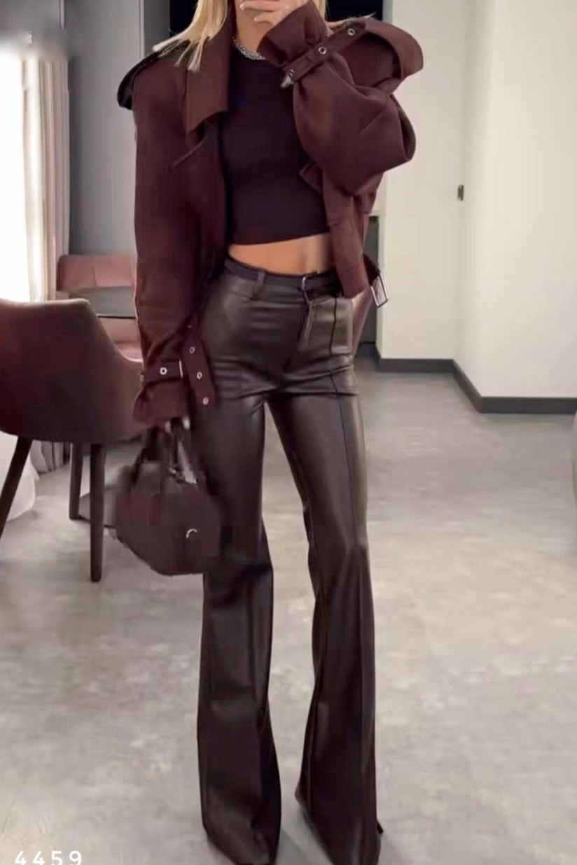 кожаные брюки клеш женские,кожаные штаны клеш,кожаные брюки клеш,модные коричневые женские брюки из искусственной кожи,модные расклешенные брюки из искусственной кожи pu