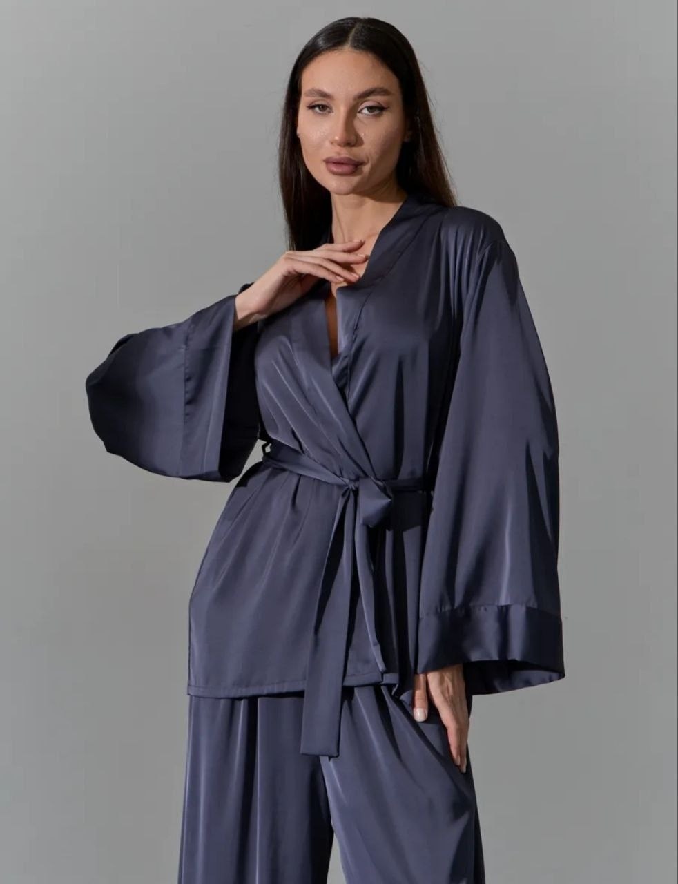 пижама со штанами шелковая кимоно с рубашкой diondioj 410064878,женский шелковый атласный пижамный комплект,пижама со штанами шелковая кимоно с рубашкой,шелковая пижама кимоно с брюками,брючный костюм