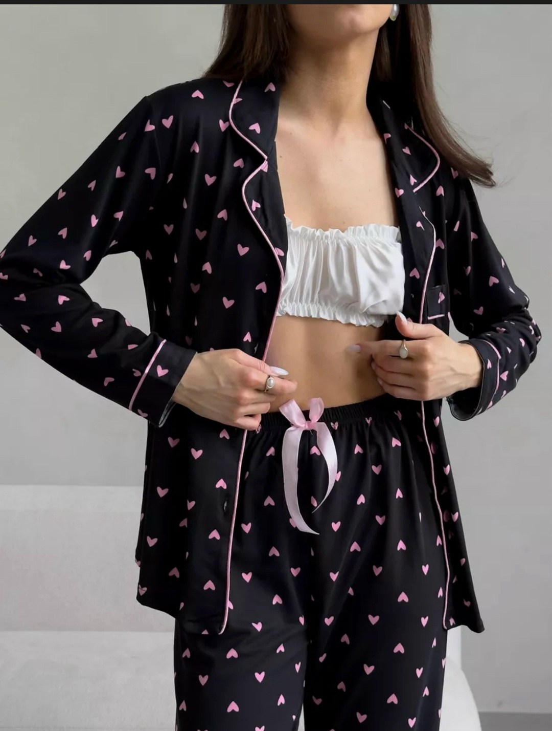 пижама со штанами и рубашкой с сердечками shenborn,пижама со штанами и рубашкой с сердечками,пижама со штанами и рубашкой с сердечками shenborn 230152898,черная молодежная пижама,женская пижама рубашк
