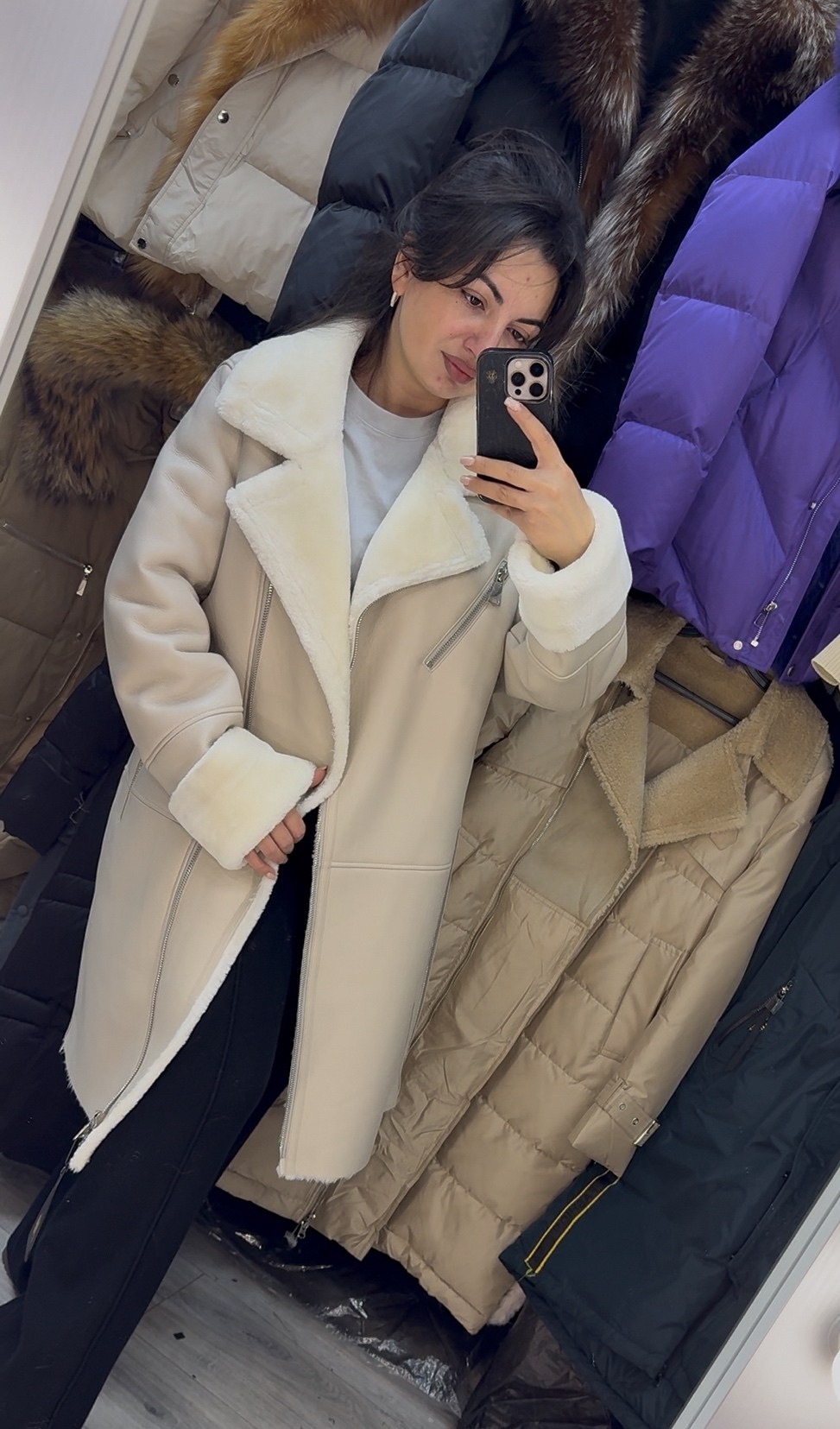 дублёнка женская,дубленка удлиненная,дублёнка,дубленка молочная из искусственной кожи 90 см,стильная дубленка