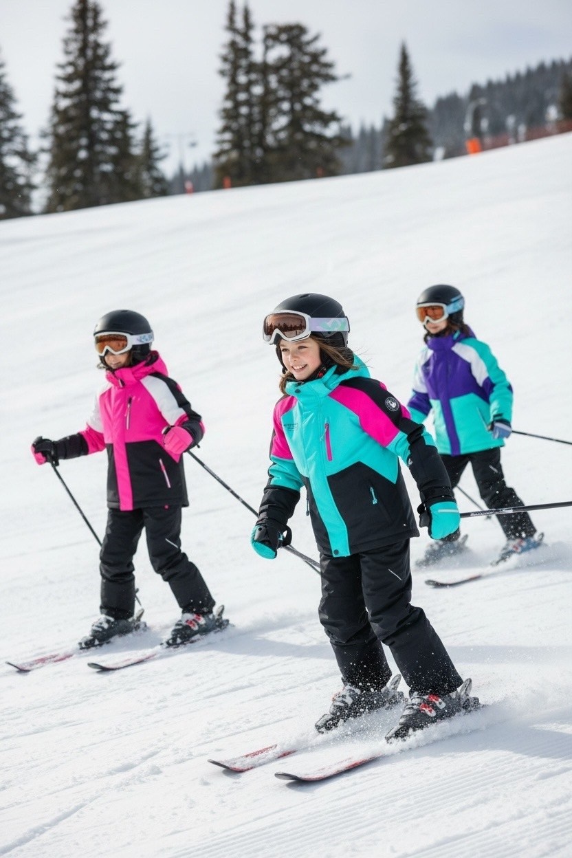 на горных лыжах,катание на лыжах,зимняя одежда для детей,лыжный костюм,зимняя