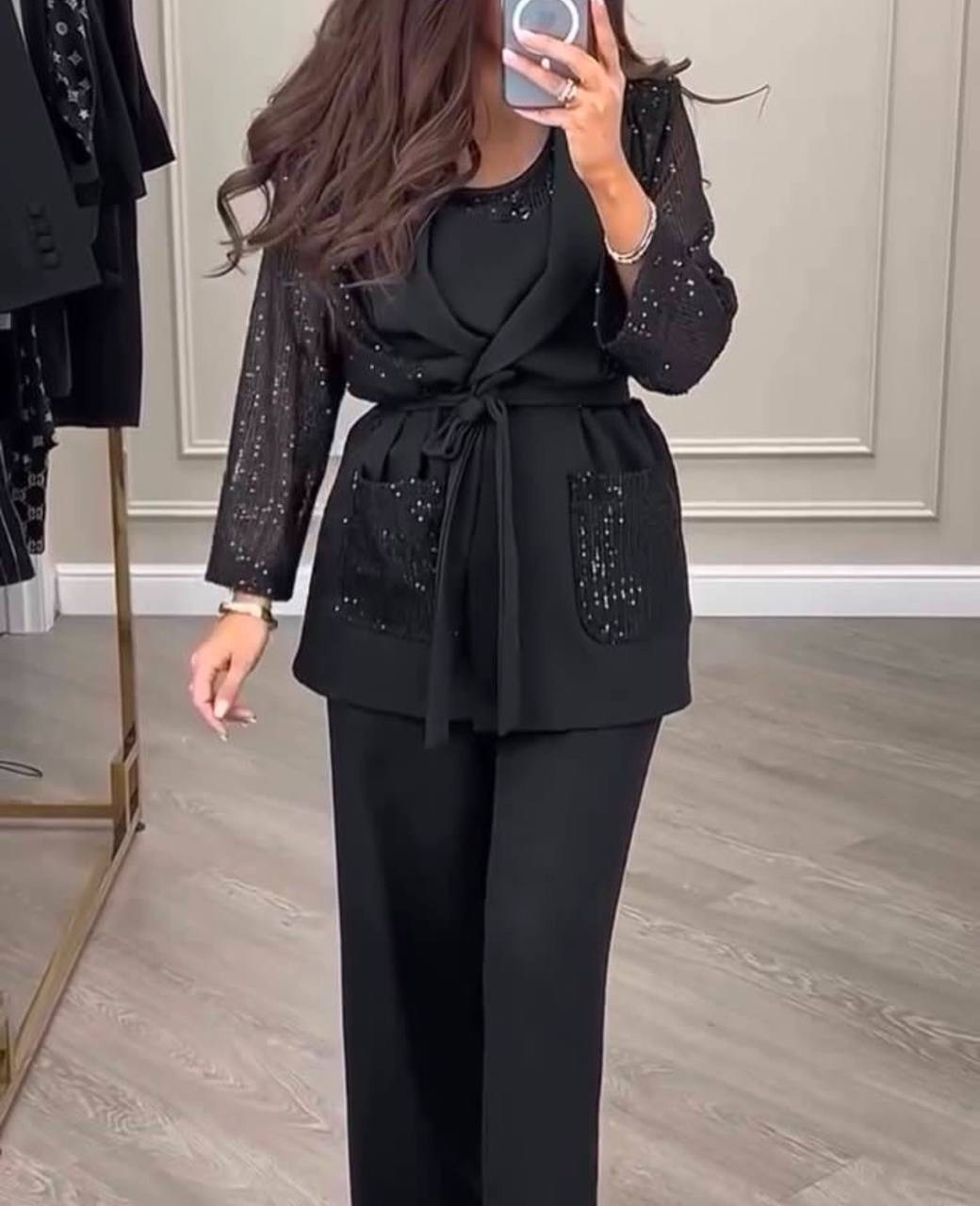 женский костюм тройка ткань креп и пайетки,костюм брючный тройка женский черный,костюм тройка,брючный костюм,женский костюм тройка
