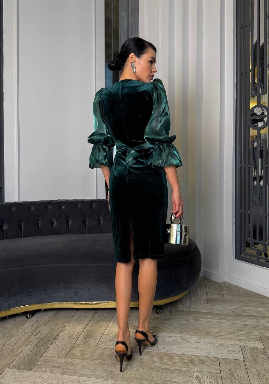 элегантное атласное платье с квадратным вырезом и объемными рукавами,платье,женское платье из велюра,платье женское,платье бархатное