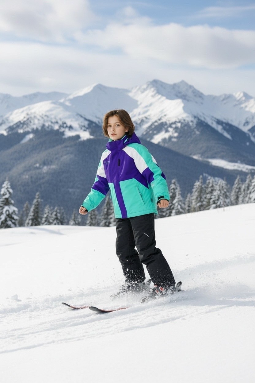 на горных лыжах,катание на лыжах,зимняя одежда для детей,лыжный костюм,зимняя