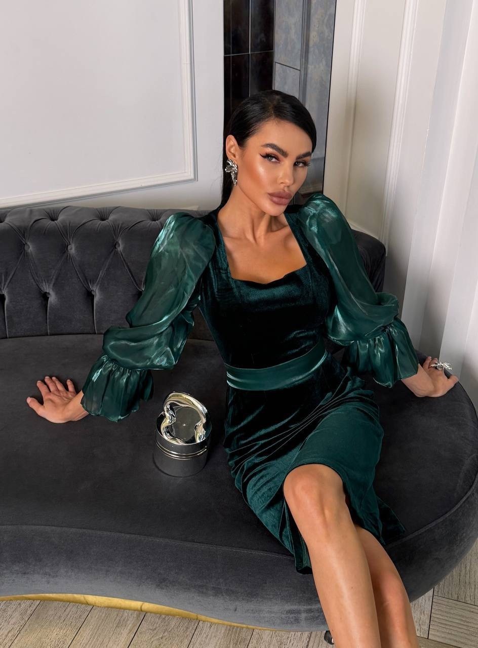 элегантное атласное платье с квадратным вырезом и объемными рукавами,платье,женское платье из велюра,платье женское,платье бархатное