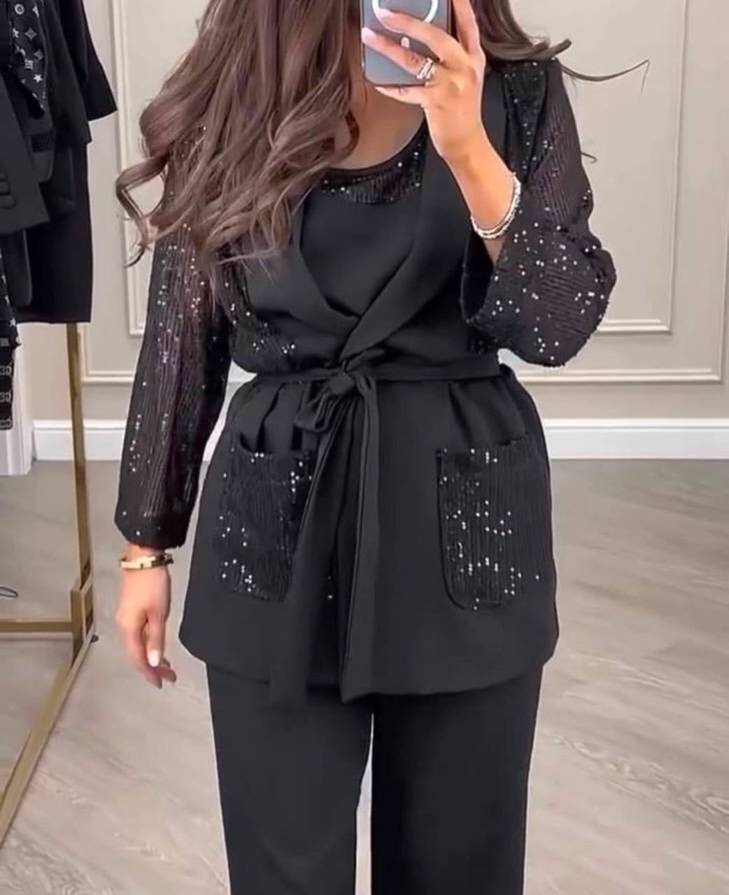 женский костюм тройка ткань креп и пайетки,костюм брючный тройка женский черный,костюм тройка,брючный костюм,женский костюм тройка