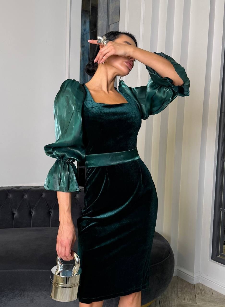 элегантное атласное платье с квадратным вырезом и объемными рукавами,платье,женское платье из велюра,платье женское,платье бархатное