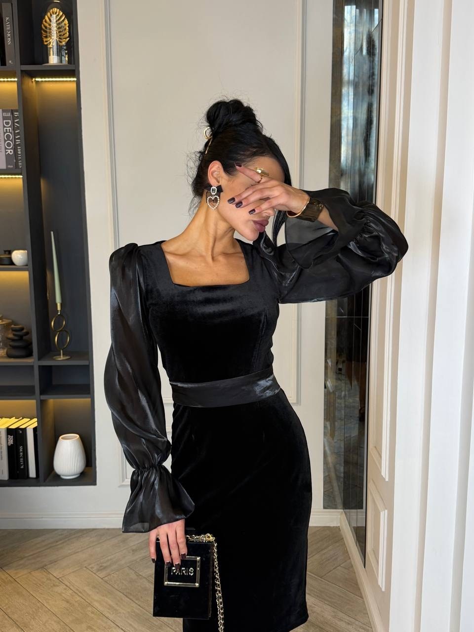 элегантное атласное платье с квадратным вырезом и объемными рукавами,платье,женское платье из велюра,платье женское,платье бархатное