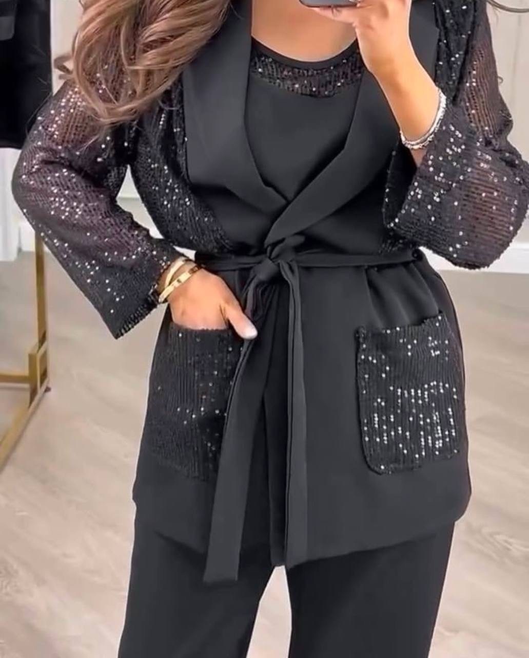 женский костюм тройка ткань креп и пайетки,костюм брючный тройка женский черный,костюм тройка,брючный костюм,женский костюм тройка