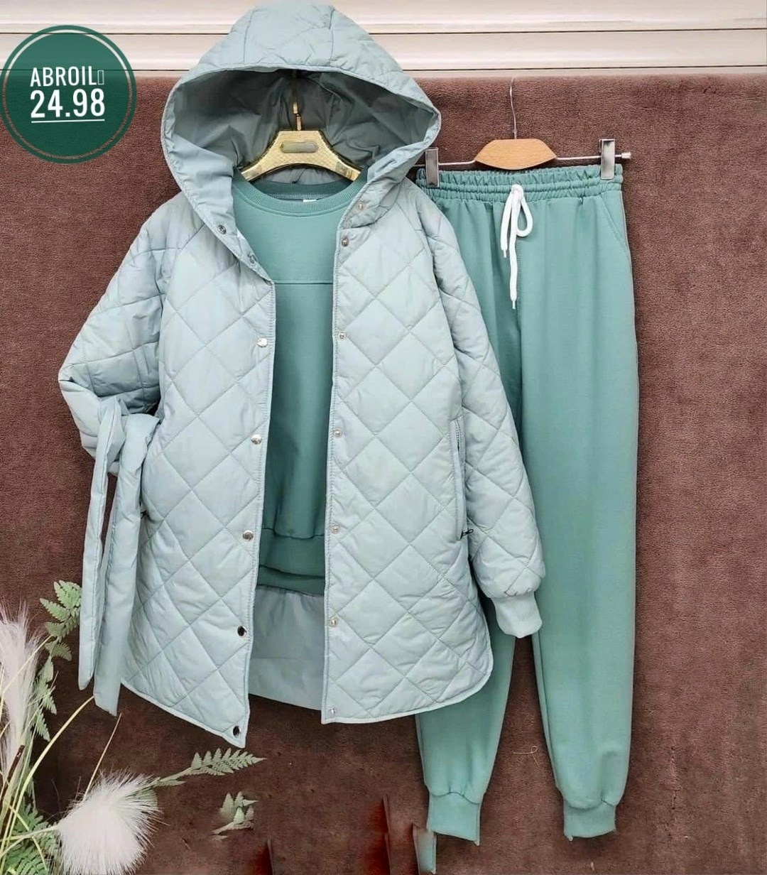 костюм спортивный тройка с длинным стеганым пальто cubi shop,костюм двойка женская,костюм тройка с курткой,костюм женский тройка,костюм женский на флисе