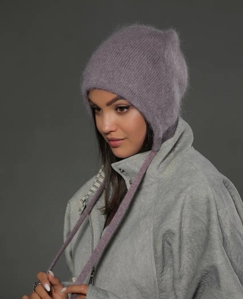 шапка женская с ушами вязаная из итальянской ангоры zhakko,чепчик шапка женский из итальянской ангоры модный zhakko,шапка женская с ушами вязаная из итальянской ангоры zhakko сиреневый,шапка женская с