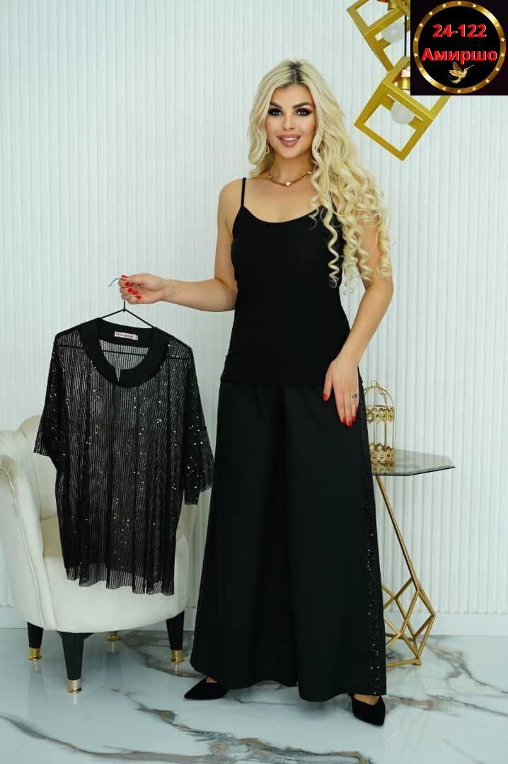 костюм двойка с брюками палаццо со стразами,стильные костюмы,костюм повседневный,женские костюмы,костюм