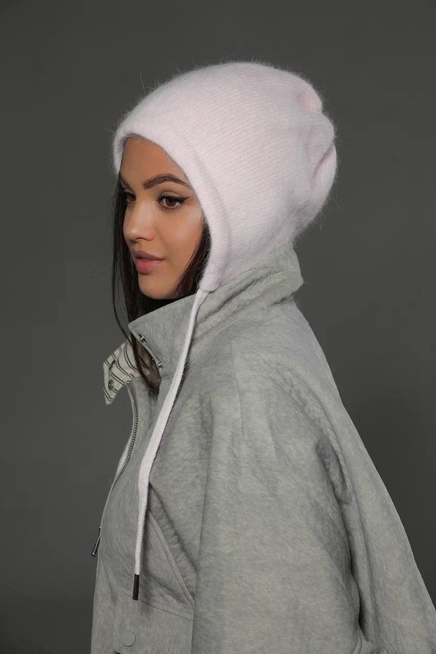 шапка женская с ушами вязаная из итальянской ангоры zhakko,чепчик шапка женский из итальянской ангоры модный zhakko,шапка женская с ушами вязаная из итальянской ангоры zhakko сиреневый,шапка женская с