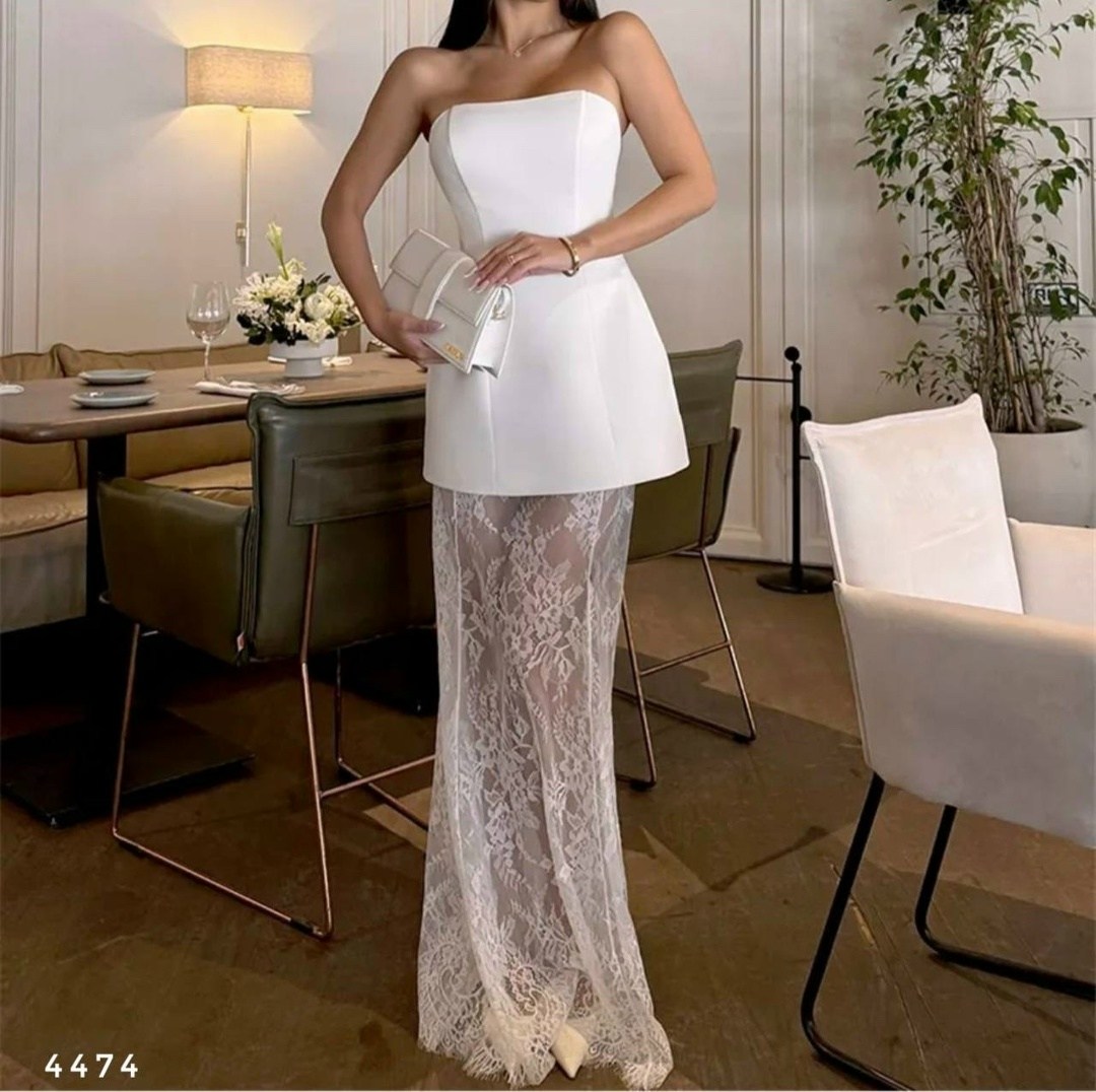 платье высоким,кружевное платье,женский набор из двух частей с кружевной юбкой без бретелек цвет белый,вечернее платье,свадебный костюм