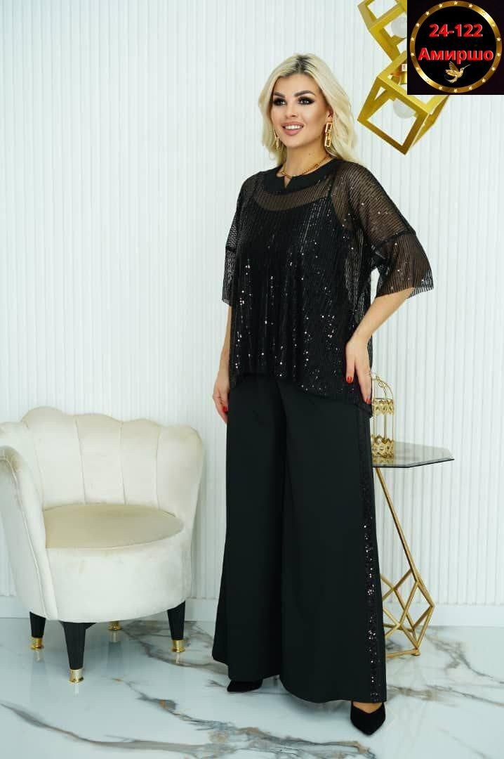 костюм двойка с брюками палаццо со стразами,стильные костюмы,костюм повседневный,женские костюмы,костюм