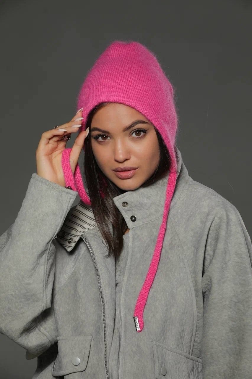 шапка женская с ушами вязаная из итальянской ангоры zhakko,чепчик шапка женский из итальянской ангоры модный zhakko,шапка женская с ушами вязаная из итальянской ангоры zhakko сиреневый,шапка женская с