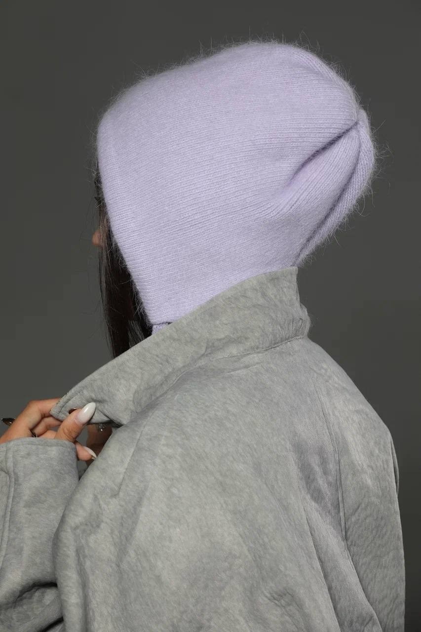 шапка женская с ушами вязаная из итальянской ангоры zhakko,чепчик шапка женский из итальянской ангоры модный zhakko,шапка женская с ушами вязаная из итальянской ангоры zhakko сиреневый,шапка женская с