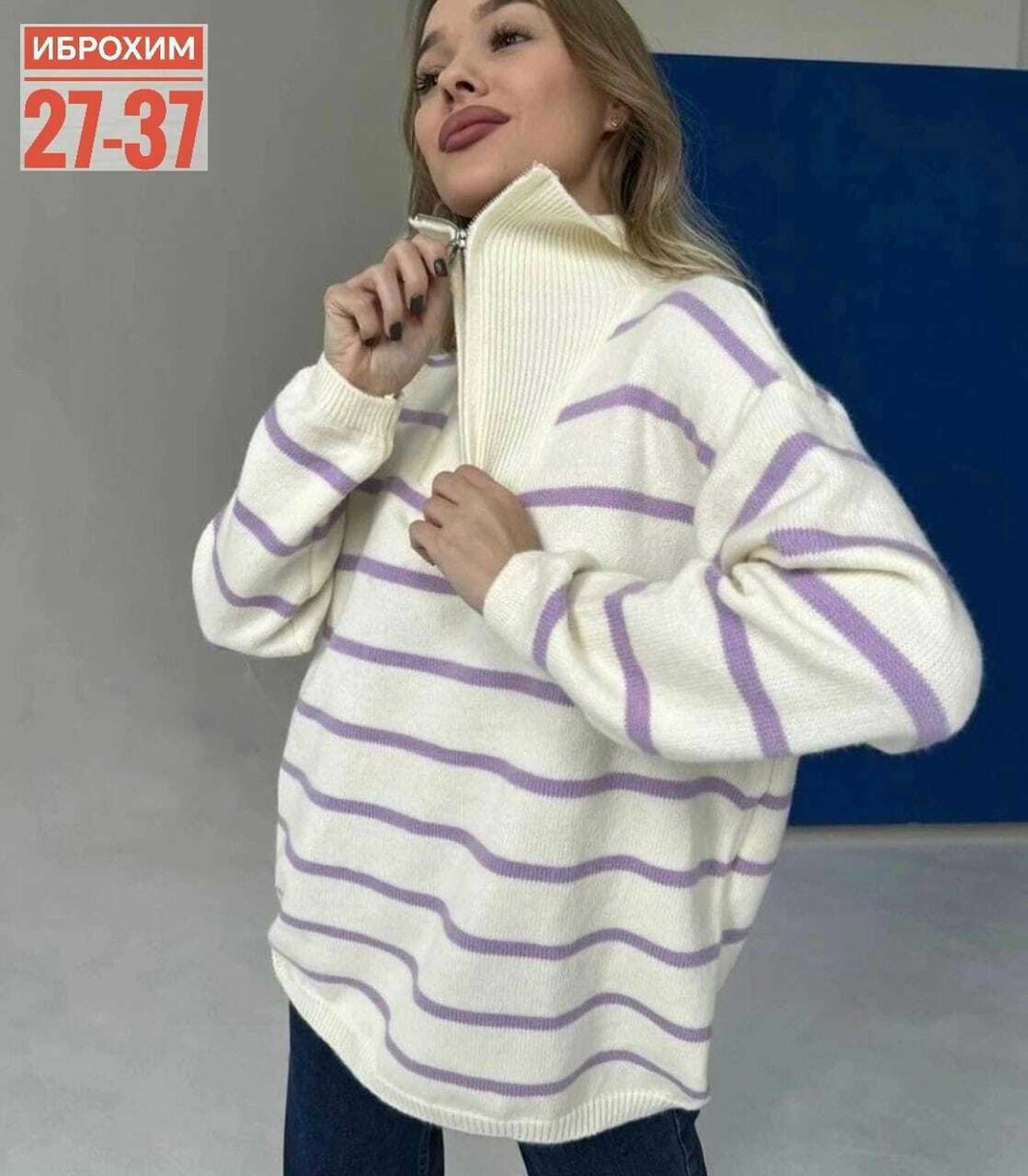 женский трикотажный свитер в полоску с воротником-хомутом и длинным рукавом,женский свитер в полоску,свитер женский,женская кофта,кофта свитер