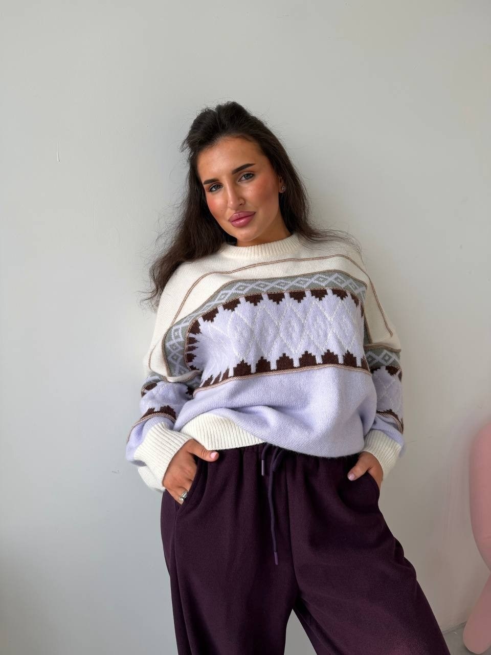 джемпер молочный,кофта женская,свитер,свитер с орнаментом,свитер вязаный