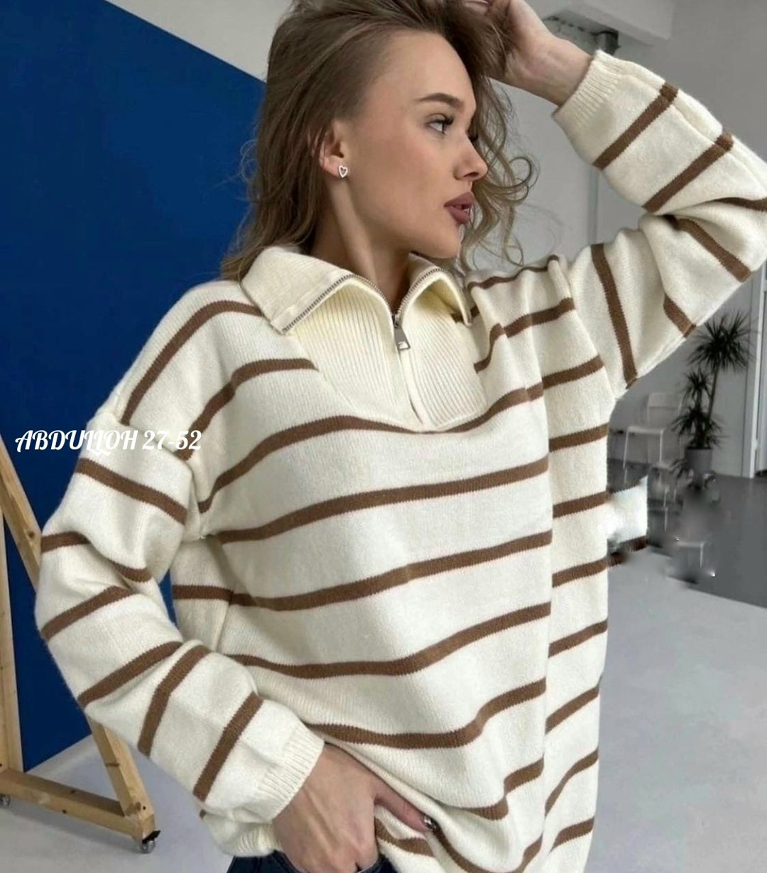 женский трикотажный свитер в полоску с воротником-хомутом и длинным рукавом,свитер женский,женский свитер в полоску,женская кофта,свитер