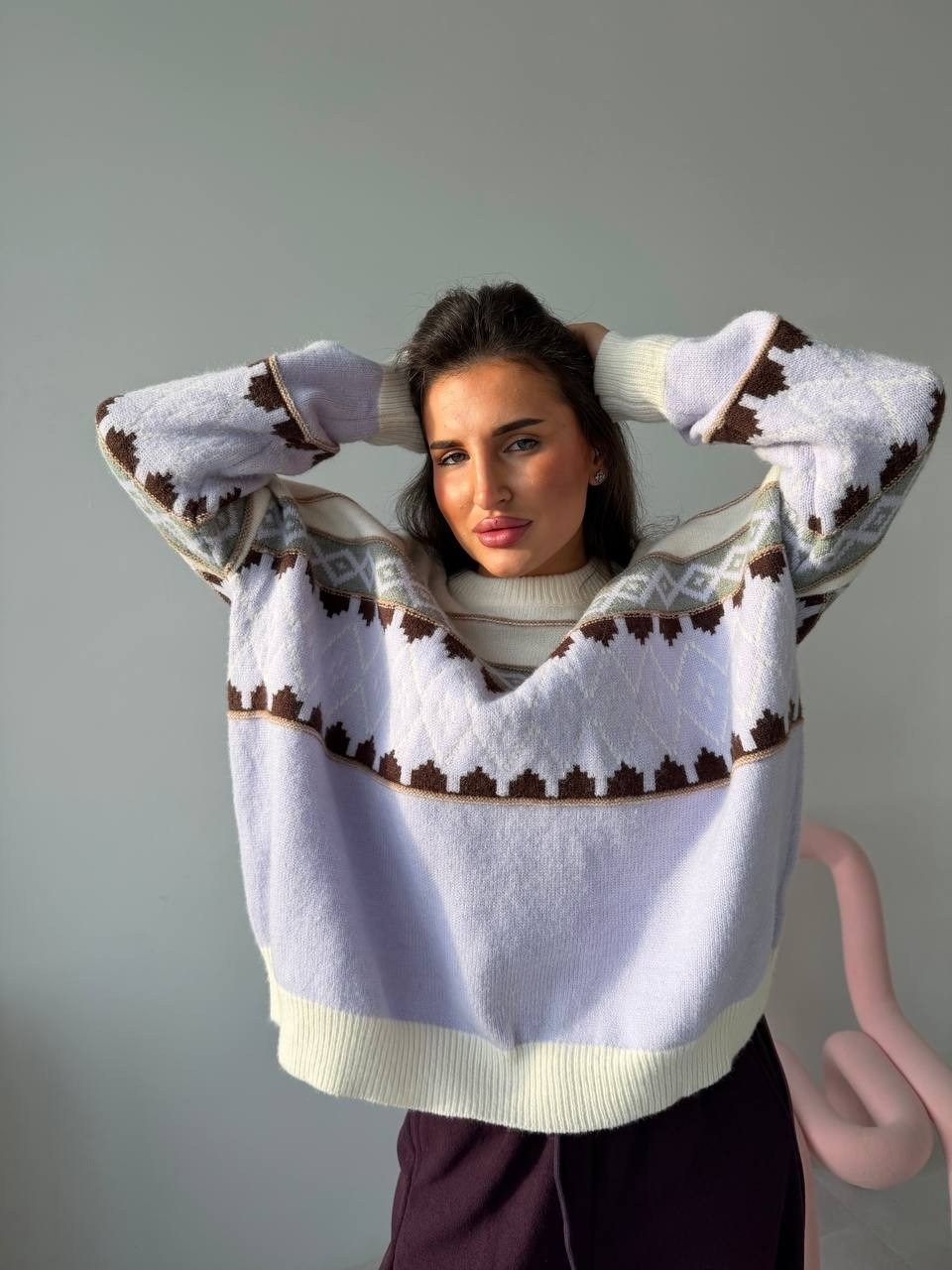 джемпер молочный,кофта женская,свитер,свитер с орнаментом,свитер вязаный