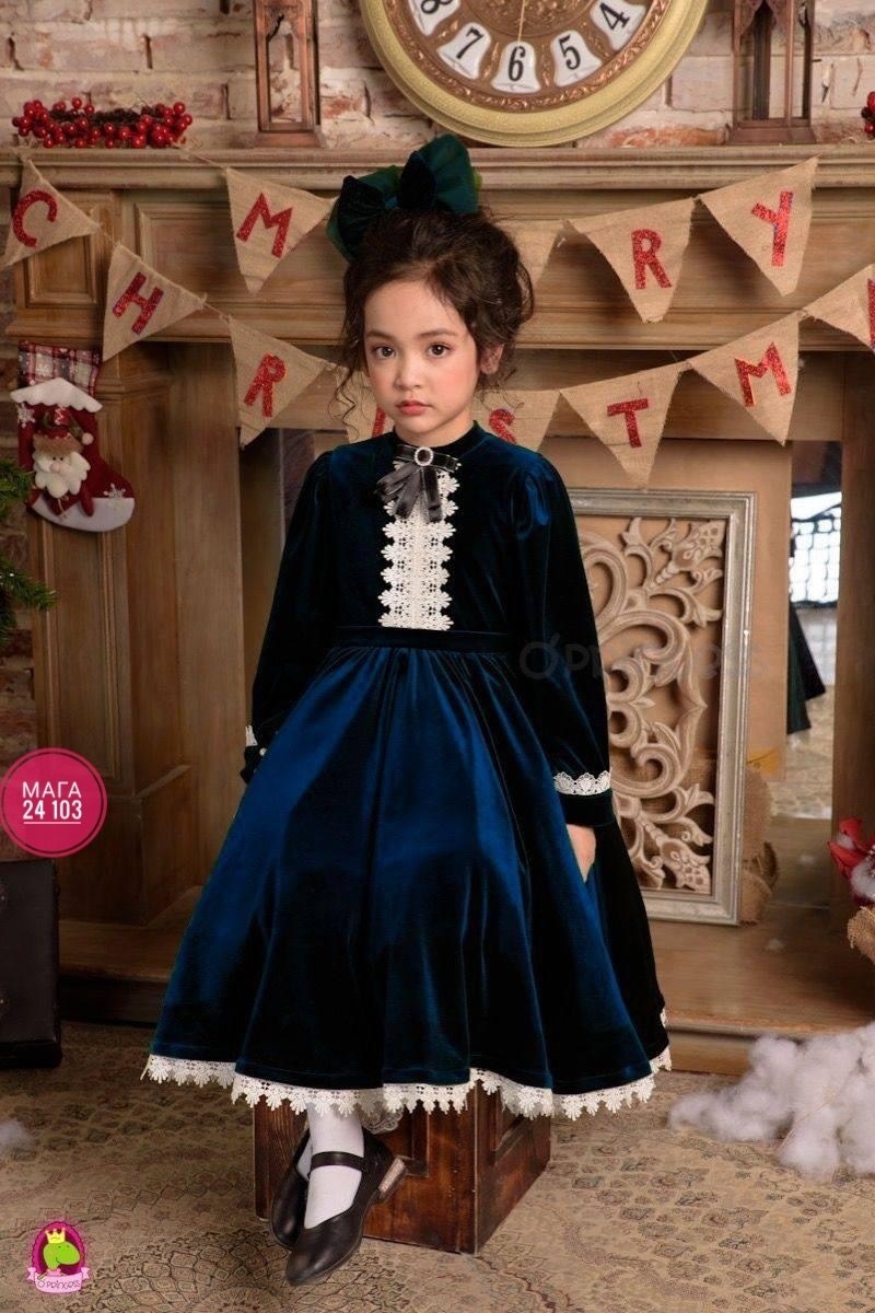 детский наряд,платье бархатное для девочки sp0077 темно-синее,бархатное платье для девочки,платье для девочки,детское платье