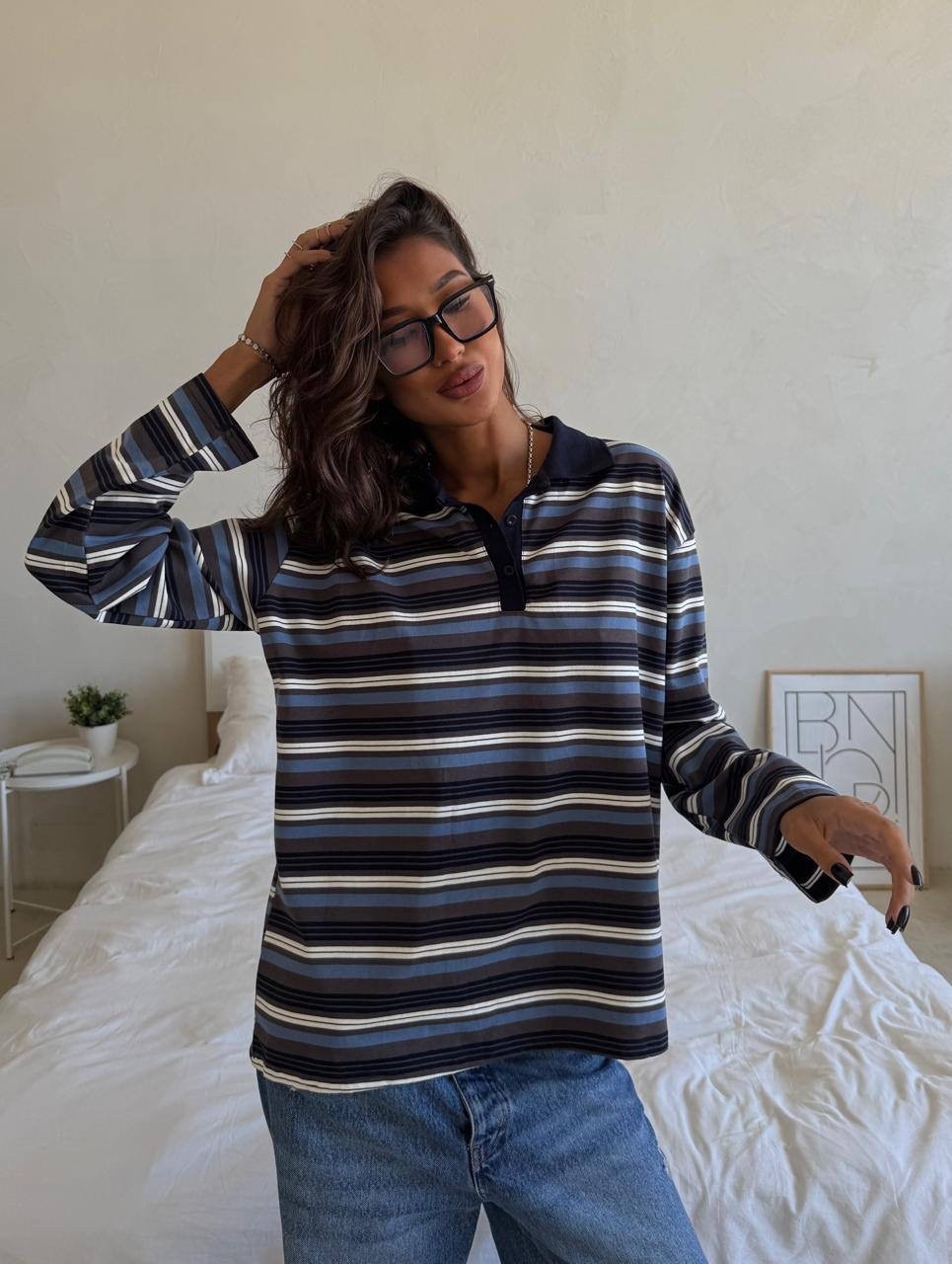 женская кофта,лонгслив поло в полоску оверсайз bymollimo,джемпер,кофта поло в полоску,одежда стили