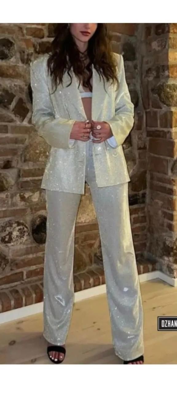 блестящий брючный костюм,блестящий брючный костюм для женщин,костюм вечерний брючный тройка dzhanelidze,костюм блестящий,брючный костюм