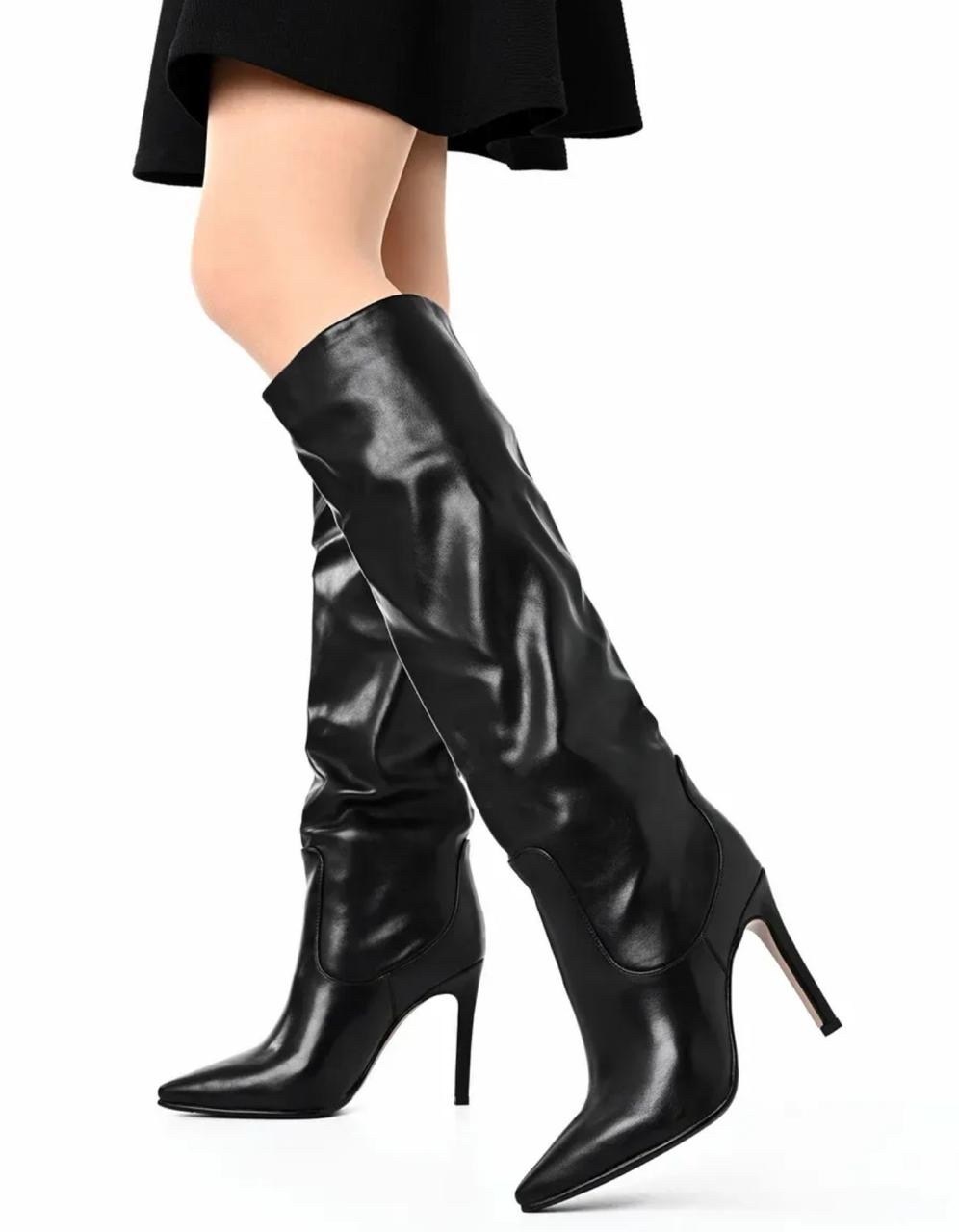 scarosso сапоги по колено черный,сапоги,сапоги на высоком каблуке,женские кожаные сапоги до колена черные плиссированные сапоги с острым носком на шпильке,сапоги женские на каблуке
