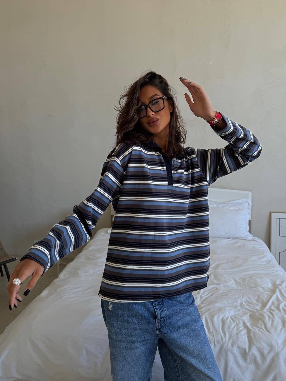 женская кофта,лонгслив поло в полоску оверсайз bymollimo,джемпер,кофта поло в полоску,одежда стили
