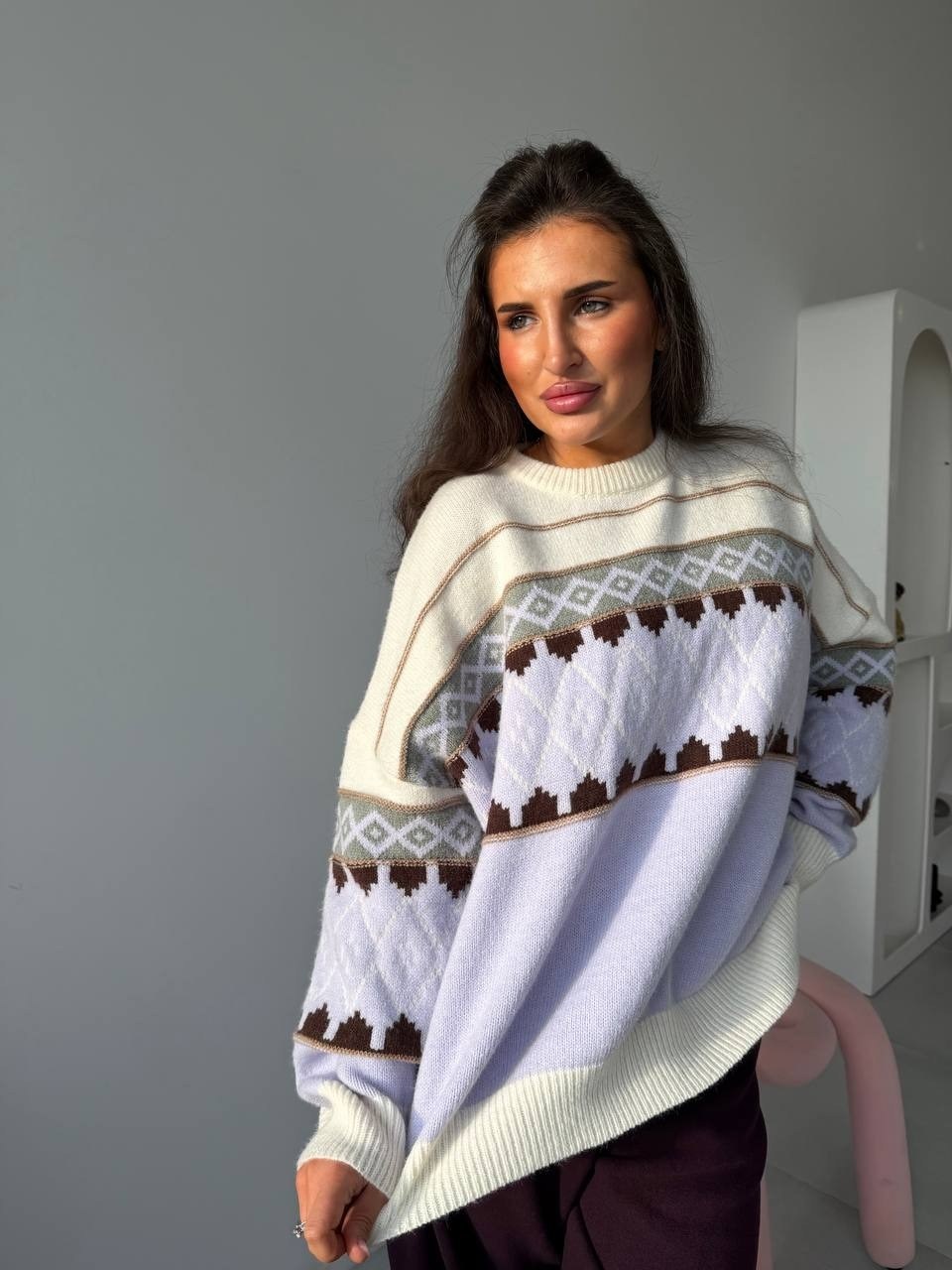 джемпер молочный,кофта женская,свитер,свитер с орнаментом,свитер вязаный