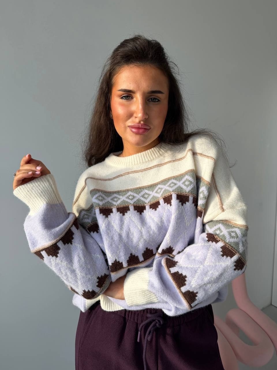 джемпер молочный,кофта женская,свитер,свитер с орнаментом,свитер вязаный