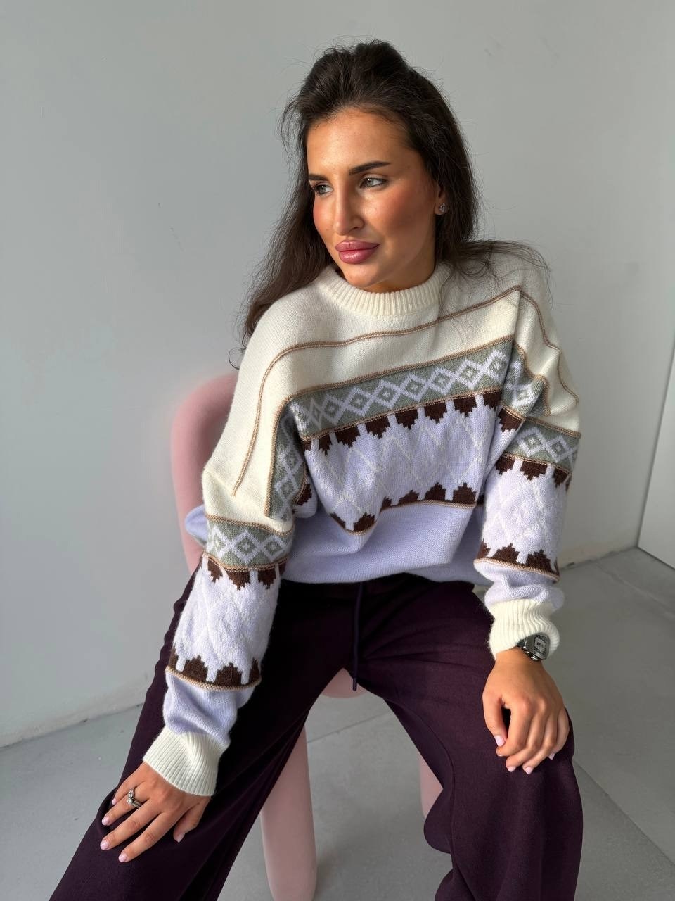 джемпер молочный,кофта женская,свитер,свитер с орнаментом,свитер вязаный