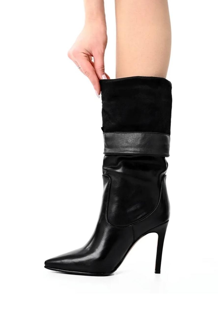 scarosso сапоги по колено черный,сапоги,сапоги на высоком каблуке,женские кожаные сапоги до колена черные плиссированные сапоги с острым носком на шпильке,сапоги женские на каблуке