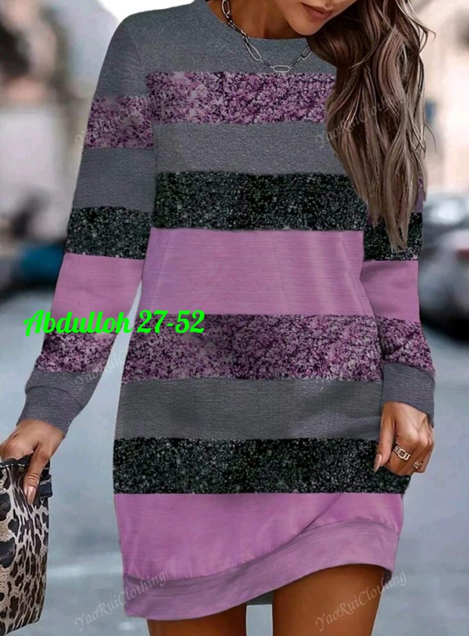 платье женская,женское трикотажное платье,женское платье-свитшот с круглым вырезом и длинным рукавом,модное платье,туника теплая платье