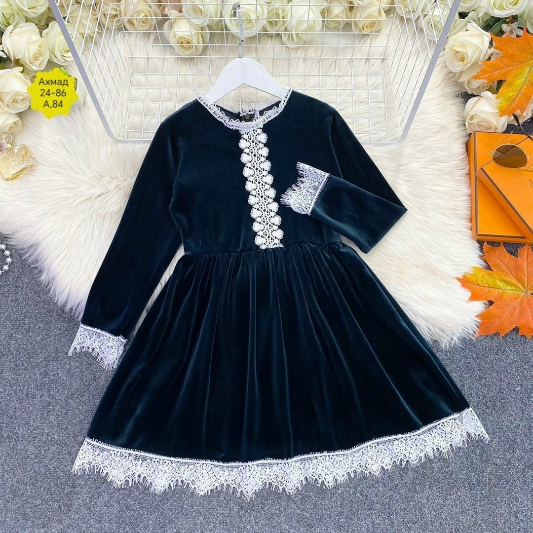 детский наряд,платье бархатное для девочки sp0077 темно-синее,бархатное платье для девочки,детское платье,платье для девочки