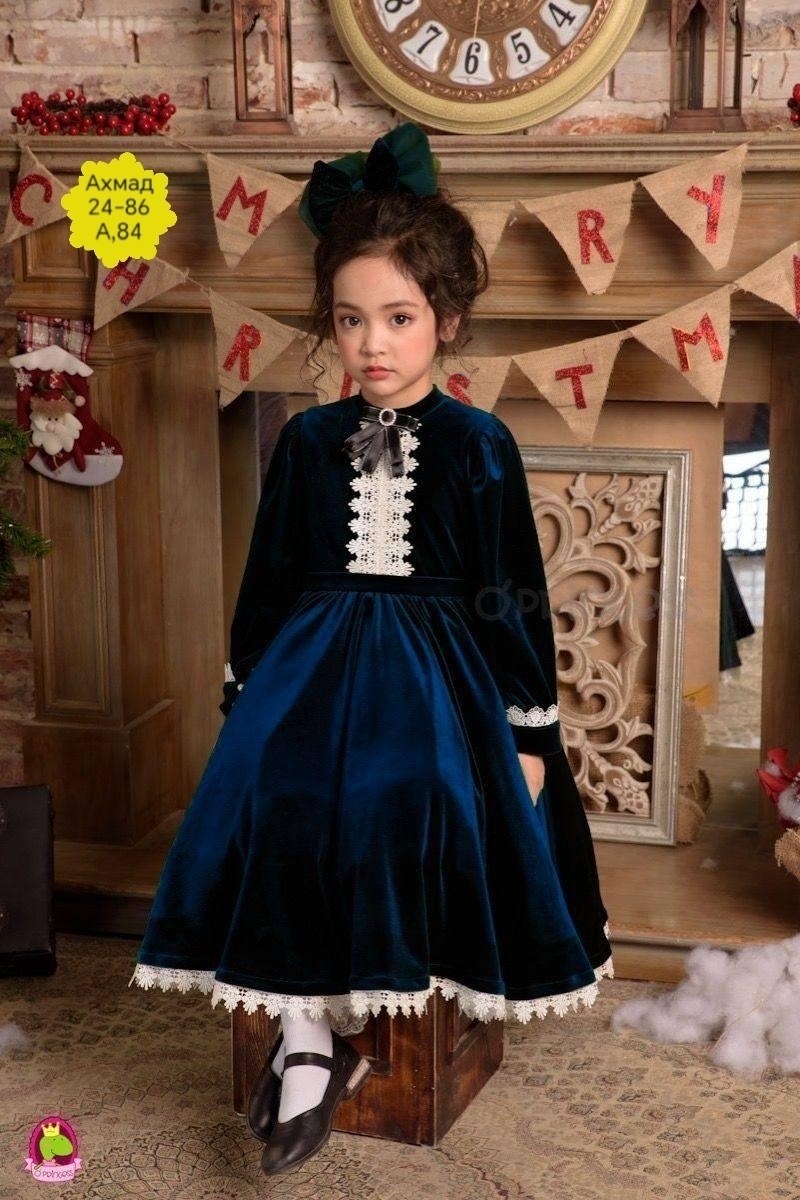 детский наряд,платье бархатное для девочки sp0077 темно-синее,бархатное платье для девочки,детское платье,платье для девочки