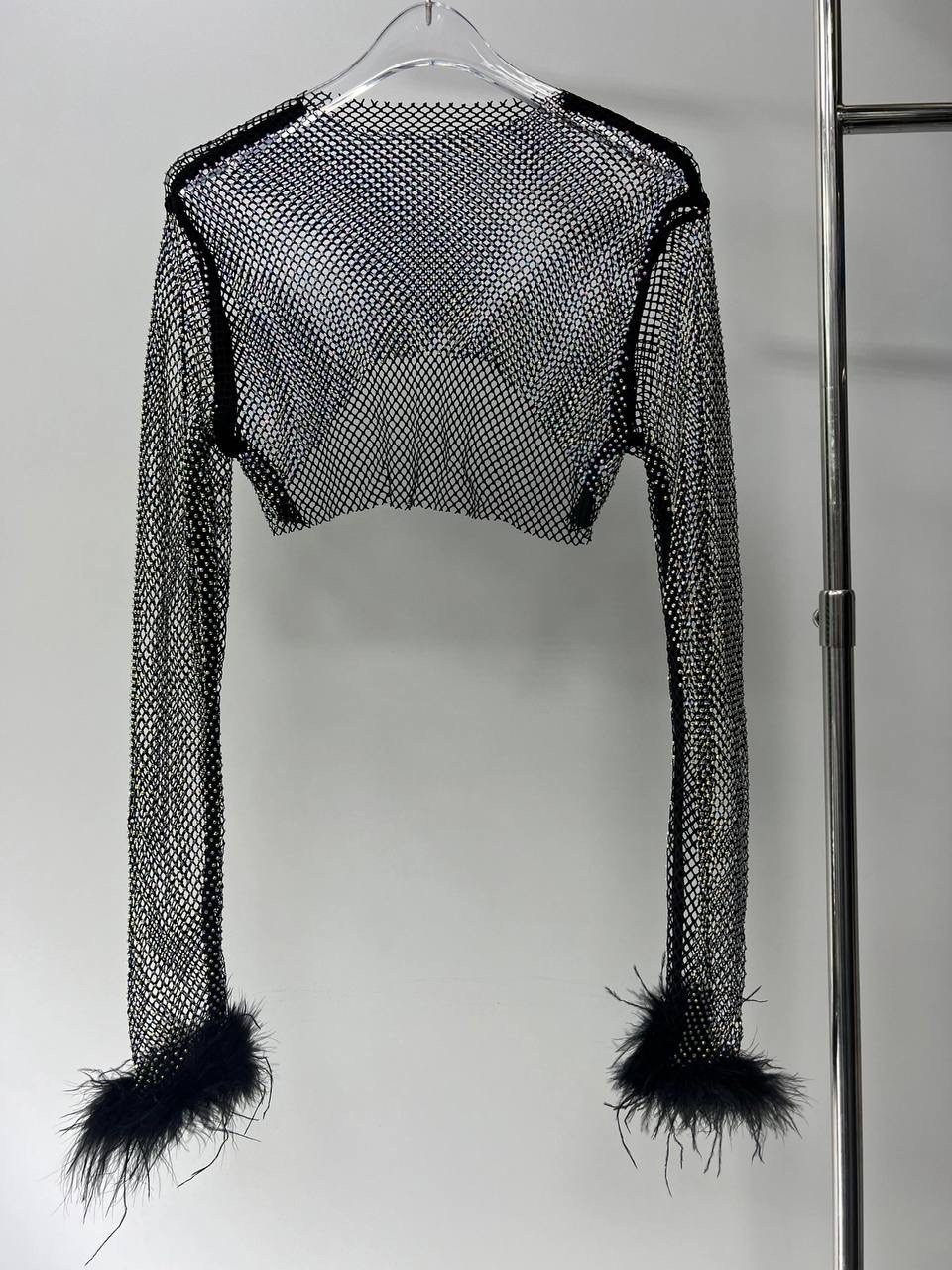 топы модные,топ с круглым вырезом и перьями, длинные рукава, сетка со стразами,кроп топ,накидка на купальник из страз,кроп топ сетка со стразами с длинным рукавом