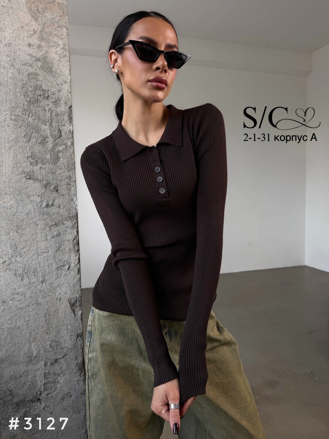 кофта женская лапша,лонгслив поло женский кф101 шоколад,кофта женская,женский джемпер,лонгслив поло женский кф101 шоколад от фабрики спортсоло