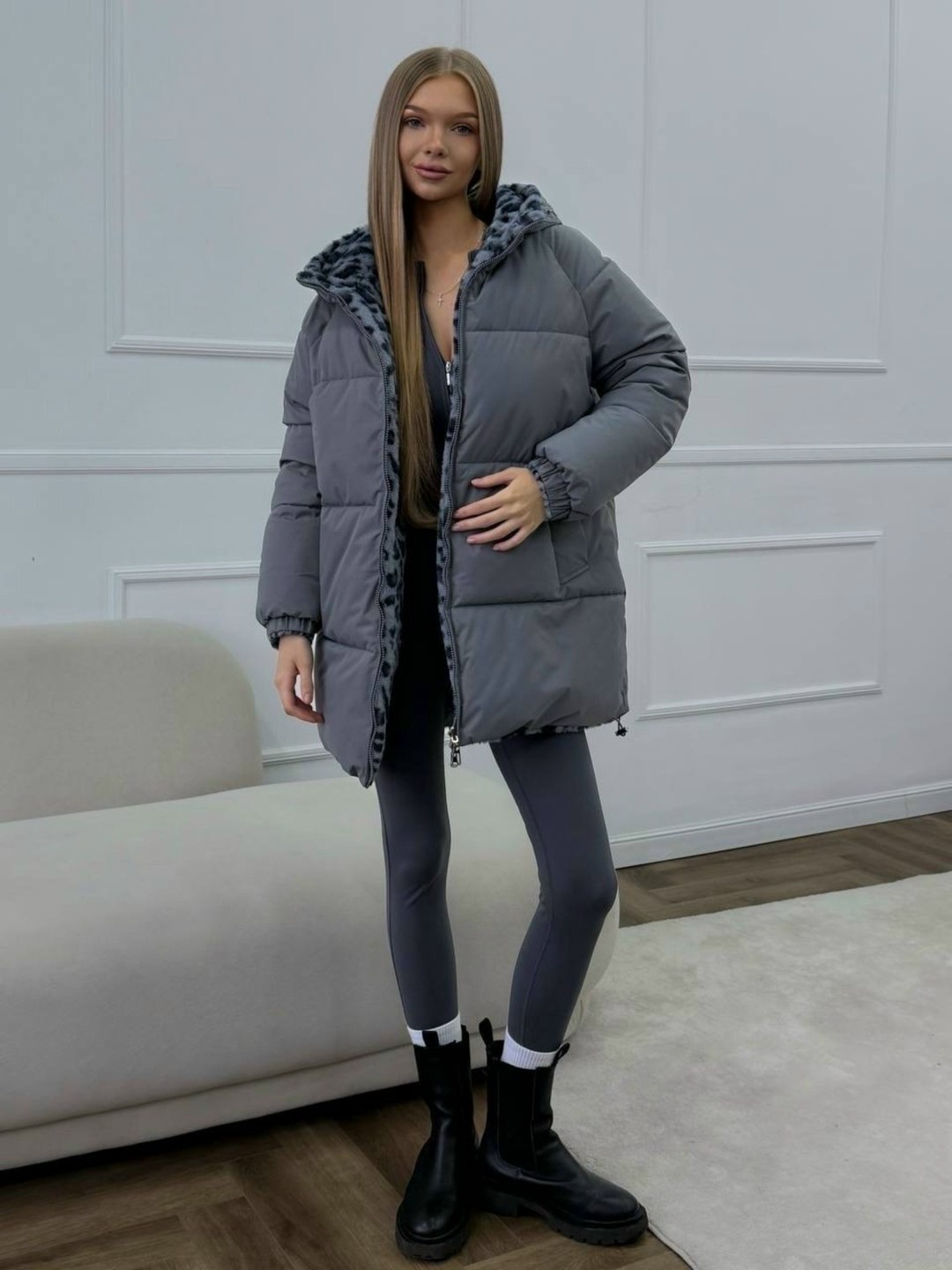 куртка - пуховик двусторонний с леопардовым принтом biscolli,куртка зимняя с капюшоном двусторонняя kira clo,куртка двусторонняя,женская куртка,куртка