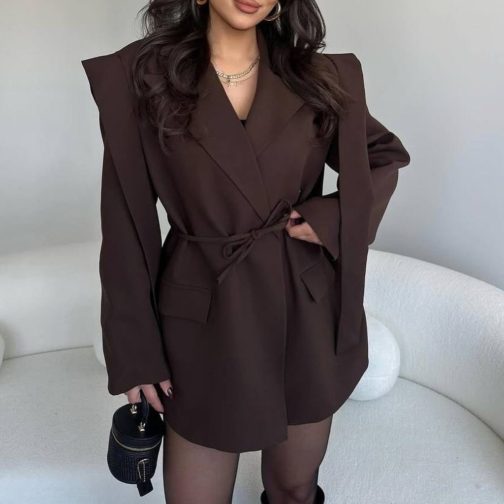 пиджак свободного кроя,женские пиджаки,пиджак с лентами завязками оверсайз удлинённый шоколадный,пиджак женский коричневый,женский пиджак оверсайз