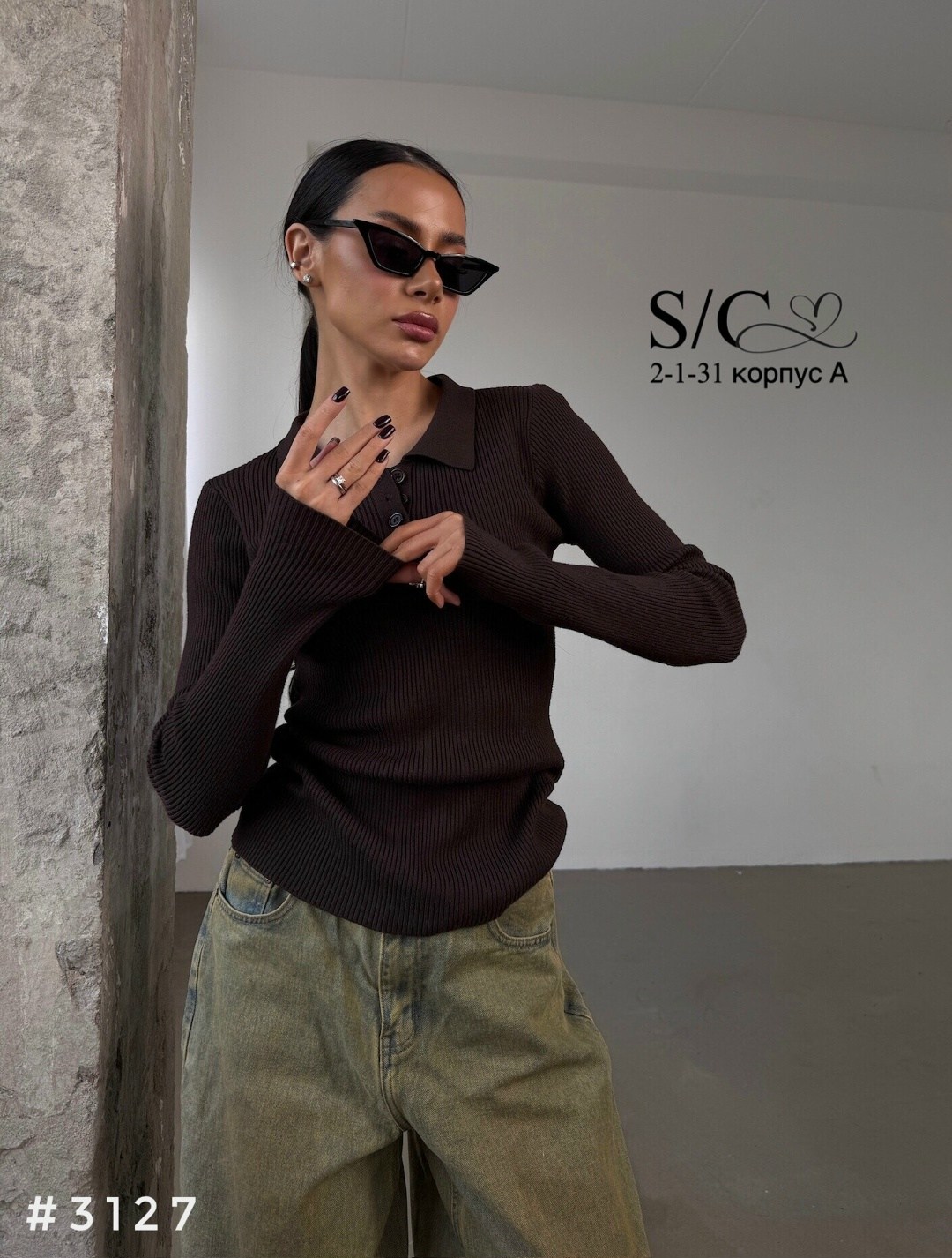 кофта женская лапша,лонгслив поло женский кф101 шоколад,кофта женская,женский джемпер,лонгслив поло женский кф101 шоколад от фабрики спортсоло