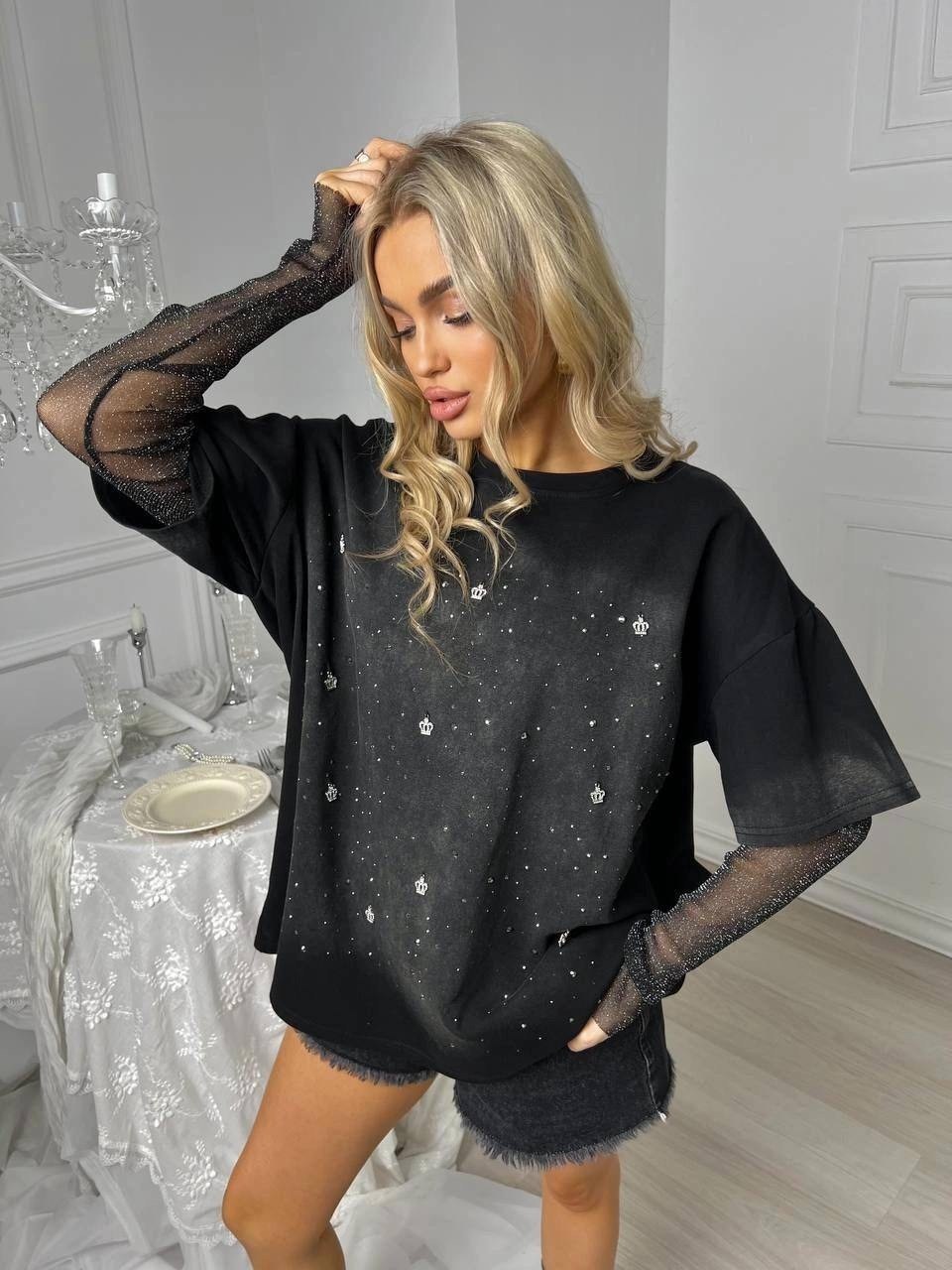 кофта женская,футболка женская оверсайз со стразами,толстовки свитшот,футболка оверсайз удлиненная со стразами tosha