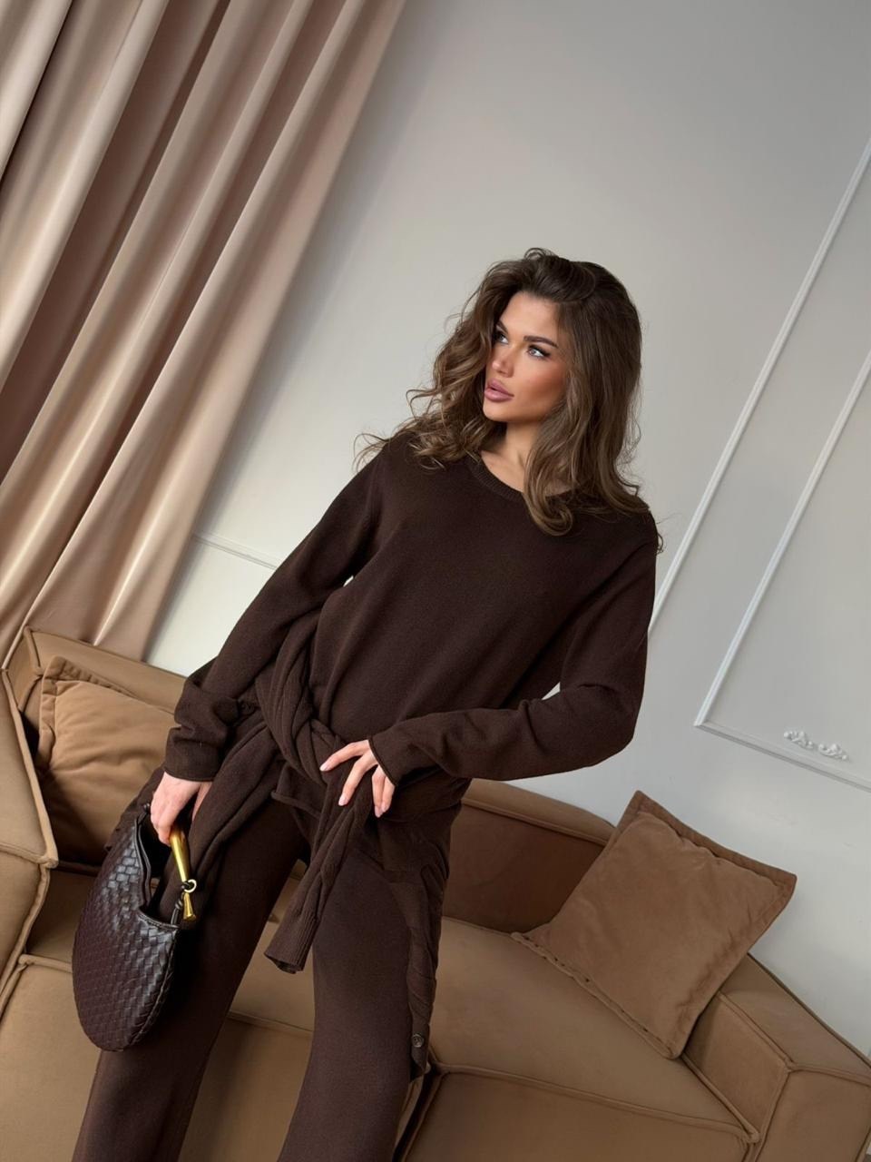 брючный костюм,костюм женский с брюками палаццо,трикотажный костюм с брюками осенний оверсайз bapani,костюм с брюками трикотажный вязаный lucky girl la цвет коричневый,трикотажный костюм