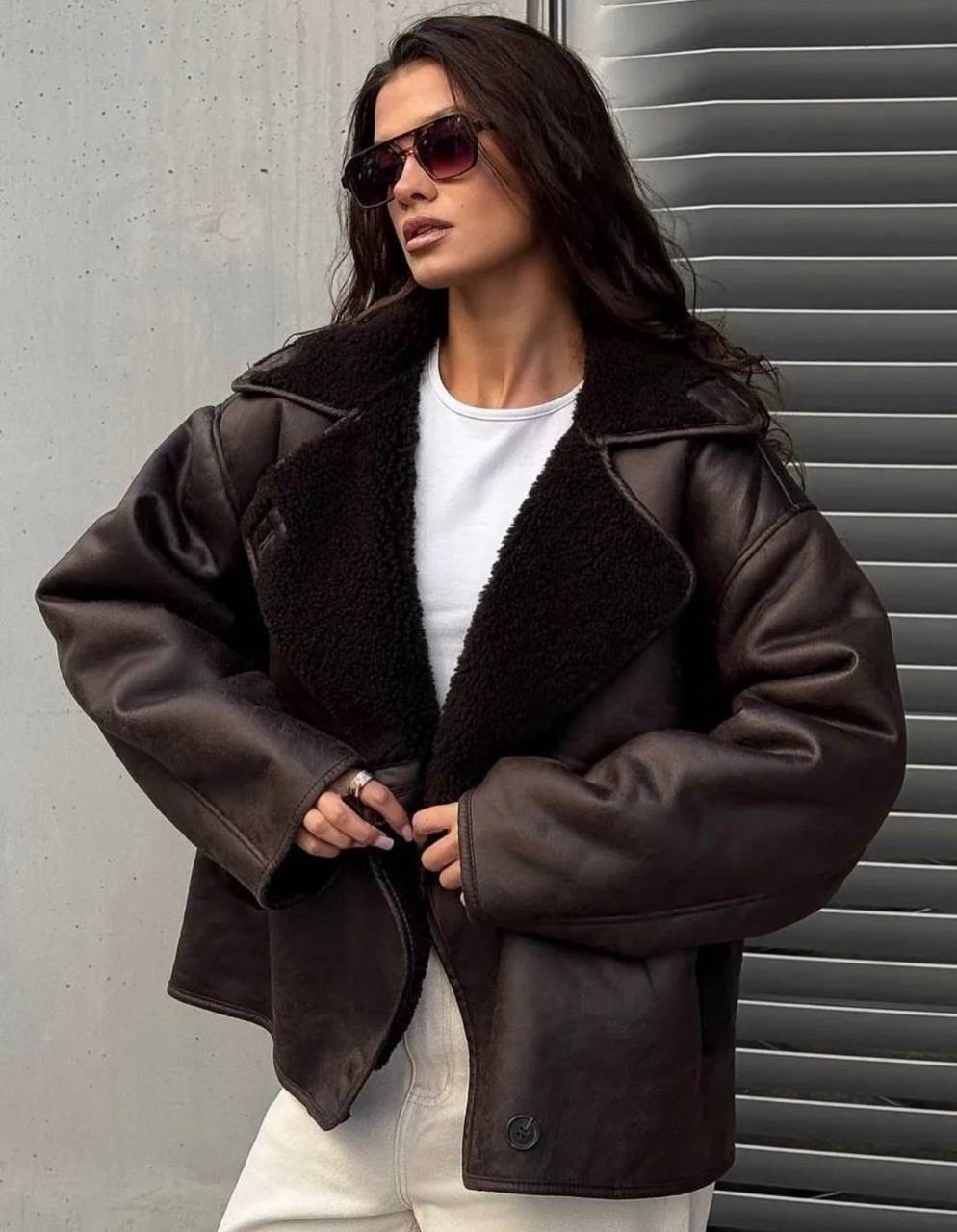 дубленка авиатор женская,дубленка женская,дубленка оверсайз,дубленка женская оверсайз,дубленка авиатор коричневая siore