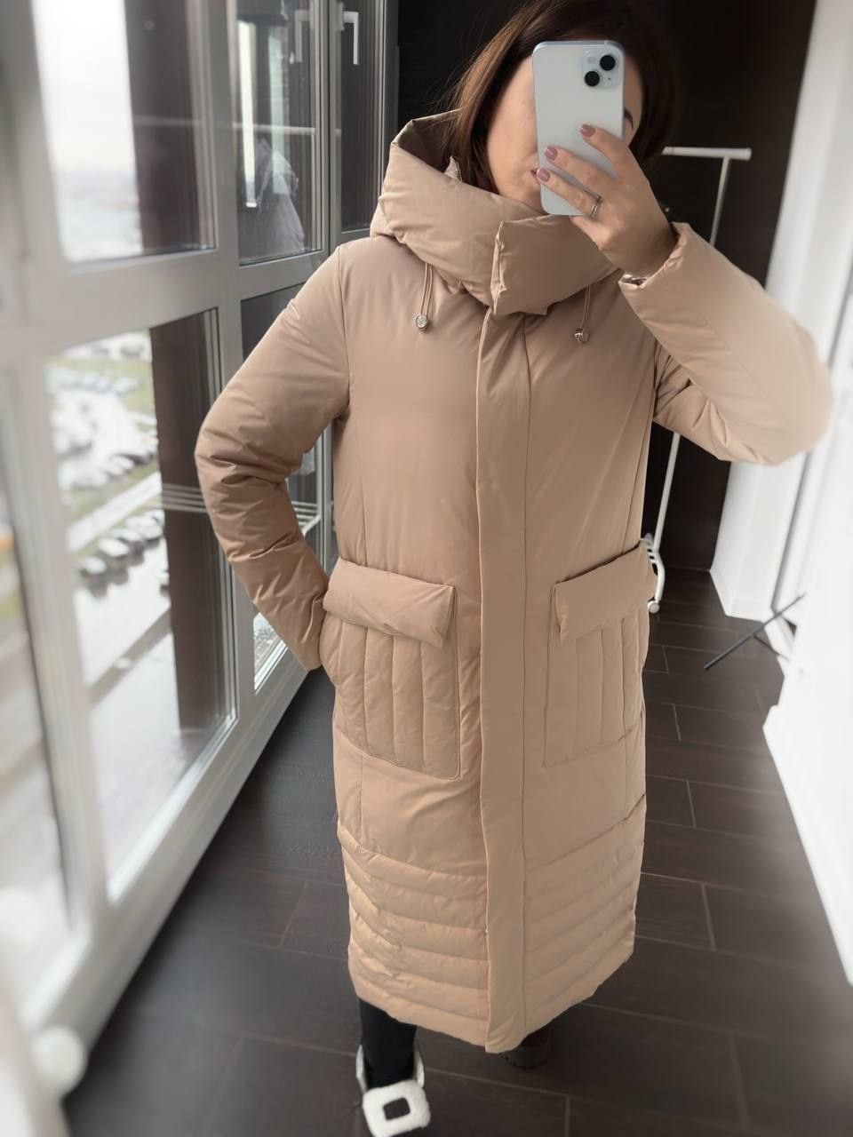 пальто beautiful free 4099 серо-бежевое,серый длинный пуховик,женский пуховик,пуховик пальто,пуховик