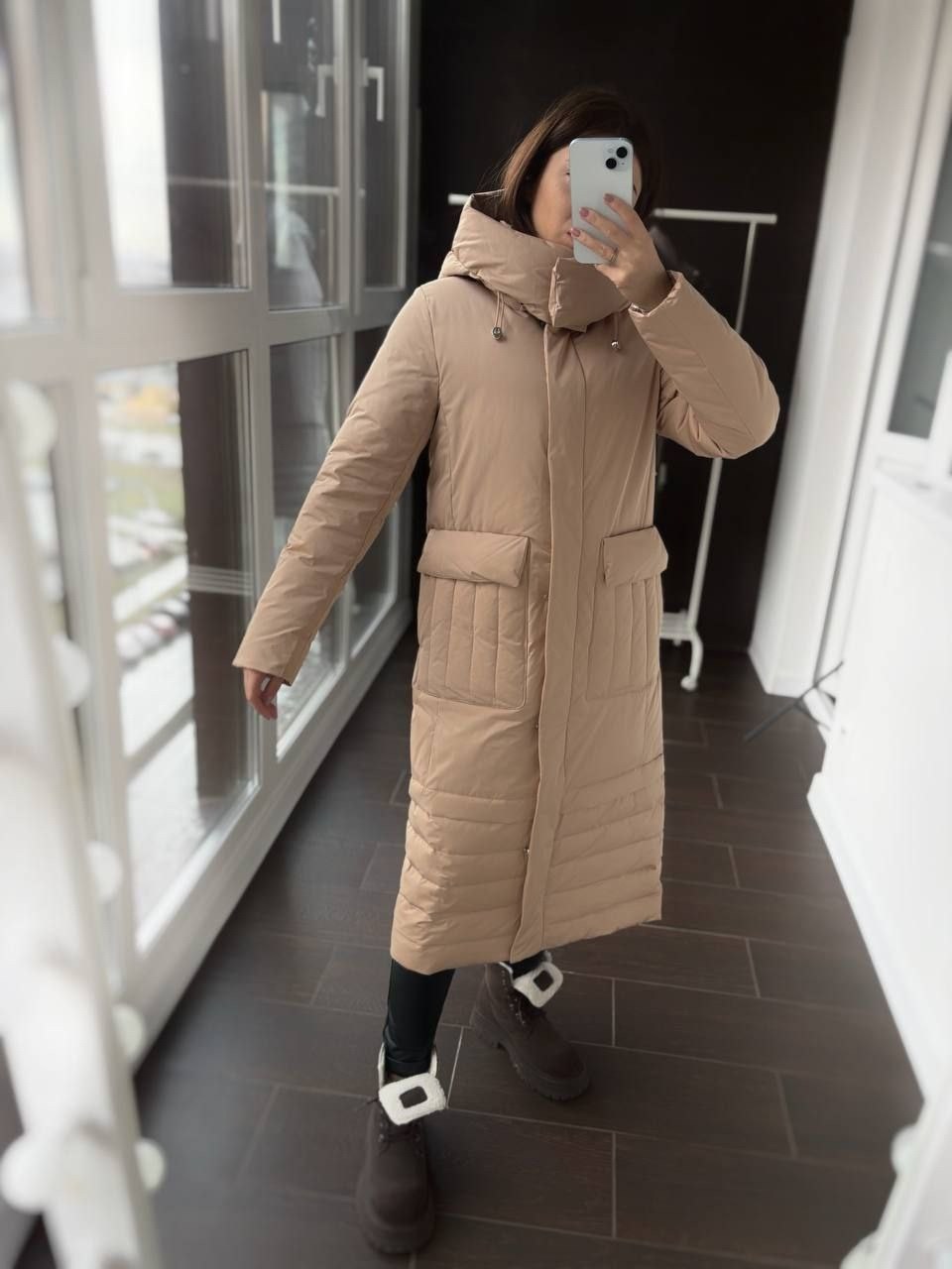 пальто beautiful free 4099 серо-бежевое,серый длинный пуховик,женский пуховик,пуховик пальто,пуховик